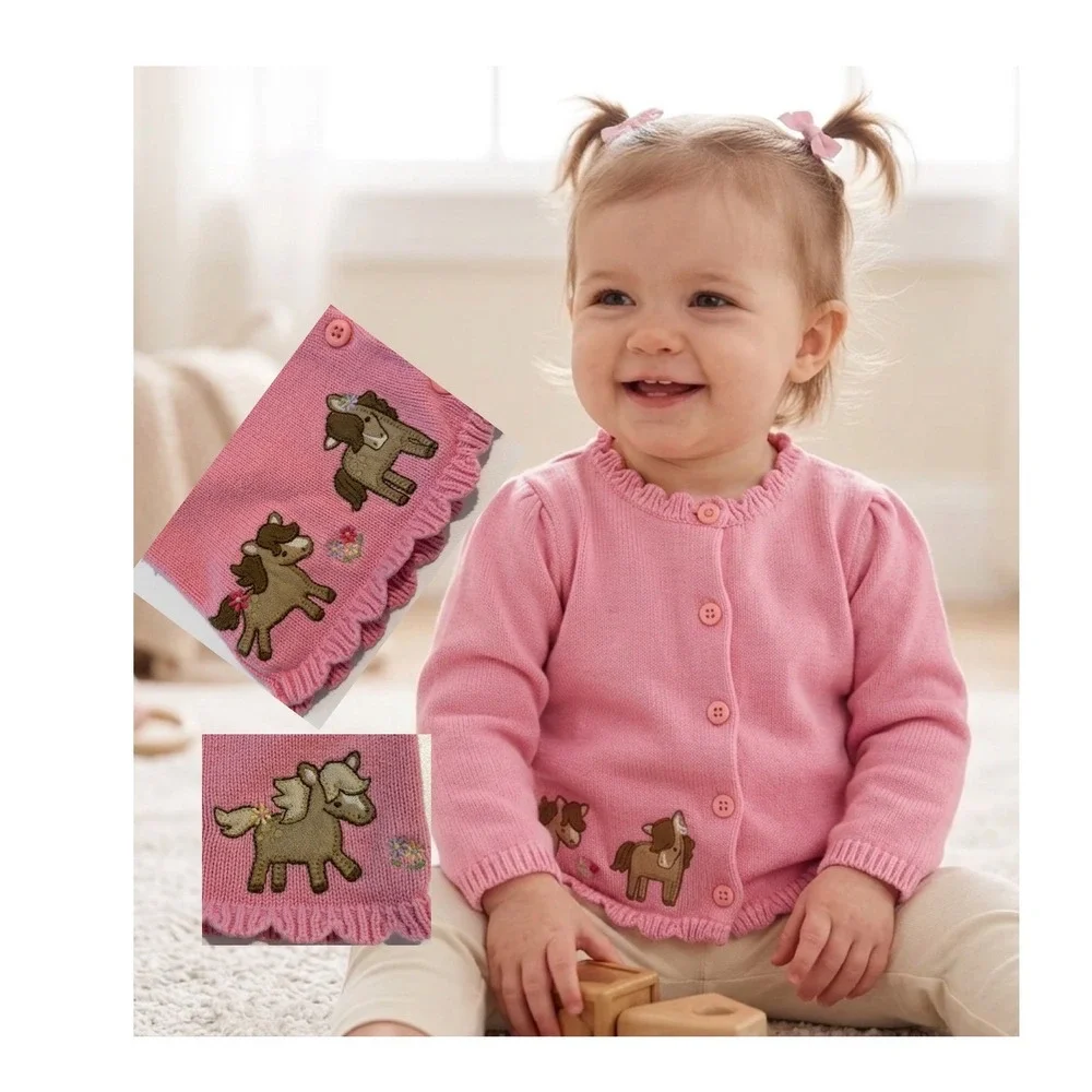 Y2K Gymboree Pink Embroidered Pony Horse Knit Cardigan Sweater Toddler 18-24M